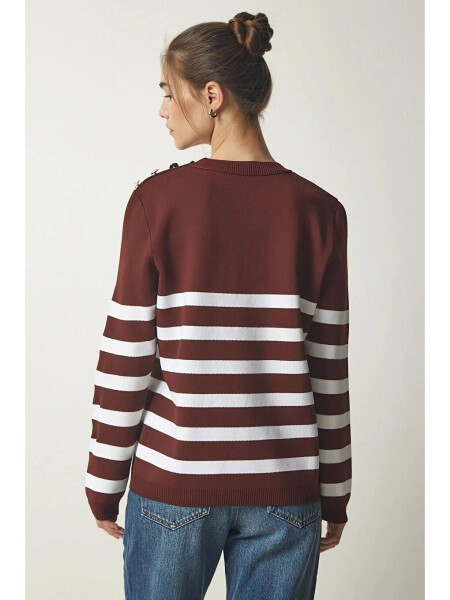 Women's Brown White Striped Off-Shoulder Button Detail Crew Neck Sweater HZL24W-BD1102081 - 8
