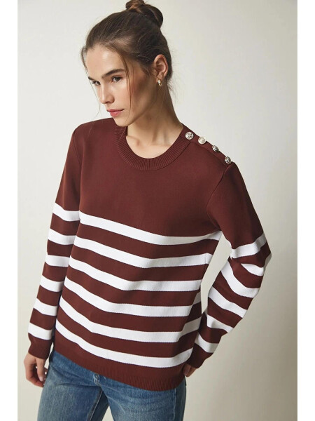 Women's Brown White Striped Off-Shoulder Button Detail Crew Neck Sweater HZL24W-BD1102081 - LC WAIKIKI
