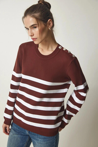 Women's Brown White Striped Off-Shoulder Button Detail Crew Neck Sweater HZL24W-BD1102081 - 13