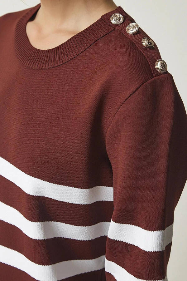 Women's Brown White Striped Off-Shoulder Button Detail Crew Neck Sweater HZL24W-BD1102081 - 14