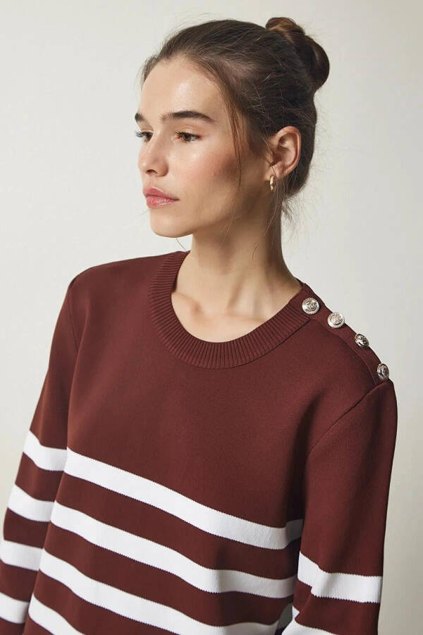 Women's Brown White Striped Off-Shoulder Button Detail Crew Neck Sweater HZL24W-BD1102081 - 15