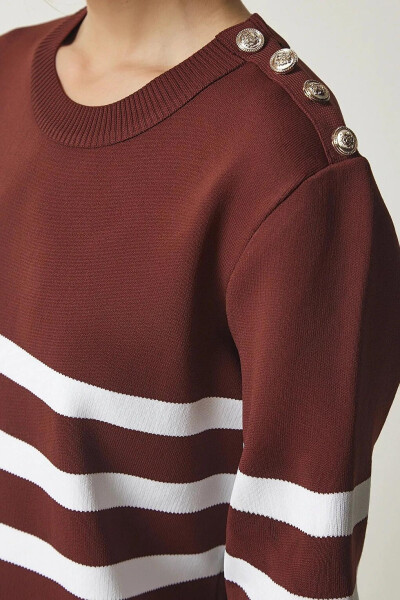 Women's Brown White Striped Off-Shoulder Button Detail Crew Neck Sweater HZL24W-BD1102081 - 10