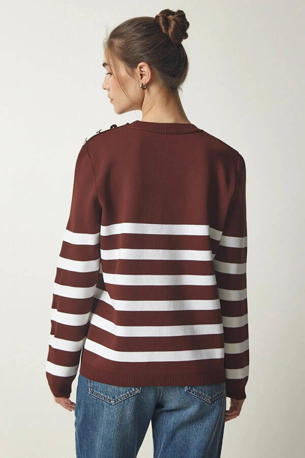 Women's Brown White Striped Off-Shoulder Button Detail Crew Neck Sweater HZL24W-BD1102081 - 12