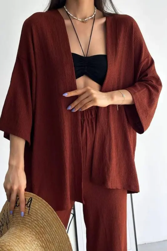 Women's Brown Wide Leg Palazzo Top and Bottom Set - LIGHT BROWN - 2