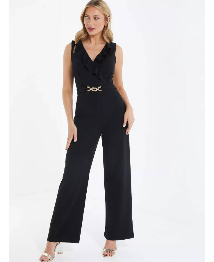 Women's Buckle Frill Detail Palazzo Jumpsuit Black - 4