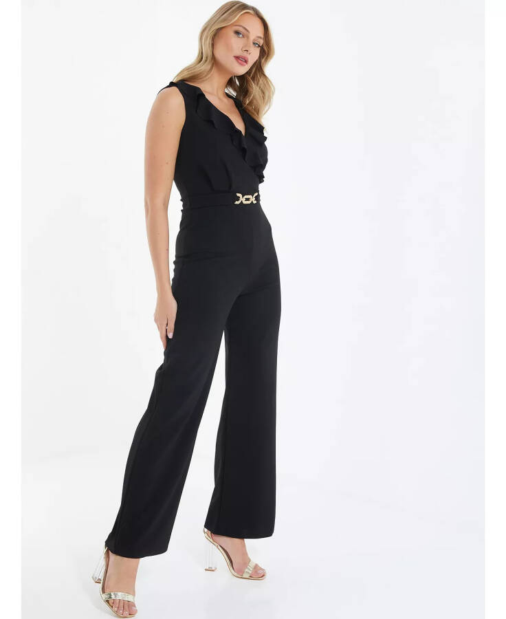 Women's Buckle Frill Detail Palazzo Jumpsuit Black - 6