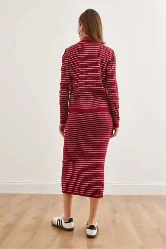 Women's Burgundy 3 Piece Striped Knitted Suit TKM-19000322-Burgundy - 2