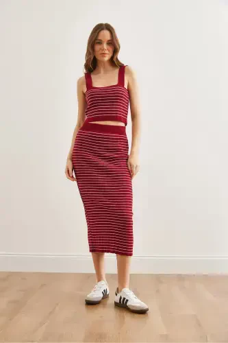 Women's Burgundy 3 Piece Striped Knitted Suit TKM-19000322-Burgundy - 3