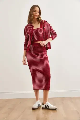 Women's Burgundy 3 Piece Striped Knitted Suit TKM-19000322-Burgundy - 5