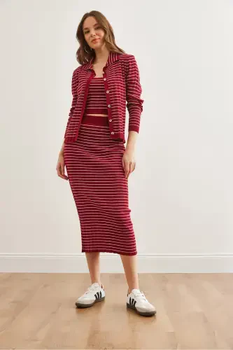 Women's Burgundy 3 Piece Striped Knitted Suit TKM-19000322-Burgundy - 6