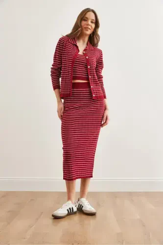 Women's Burgundy 3 Piece Striped Knitted Suit TKM-19000322-Burgundy - 7
