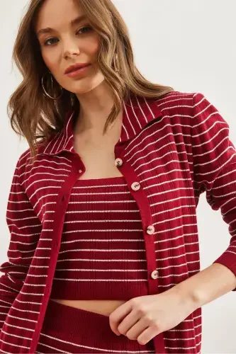 Women's Burgundy 3 Piece Striped Knitted Suit TKM-19000322-Burgundy - 8