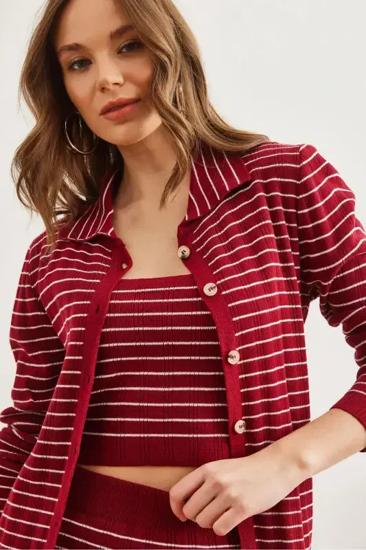 Women's Burgundy 3 Piece Striped Knitted Suit TKM-19000322-Burgundy - 8