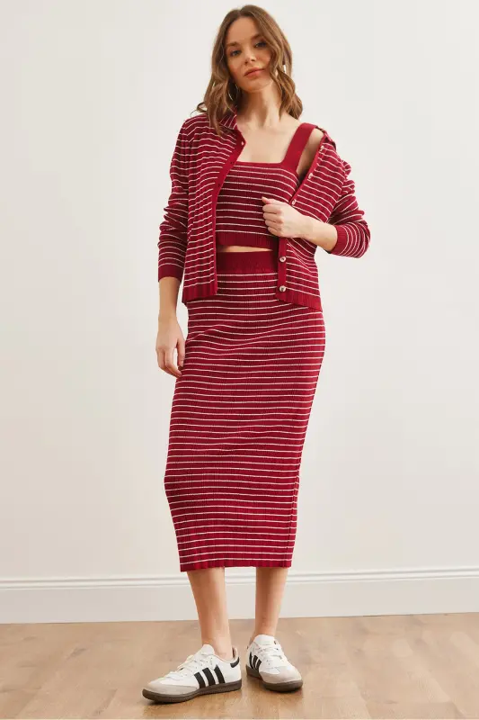 Women's Burgundy 3 Piece Striped Knitted Suit TKM-19000322-Burgundy - 2