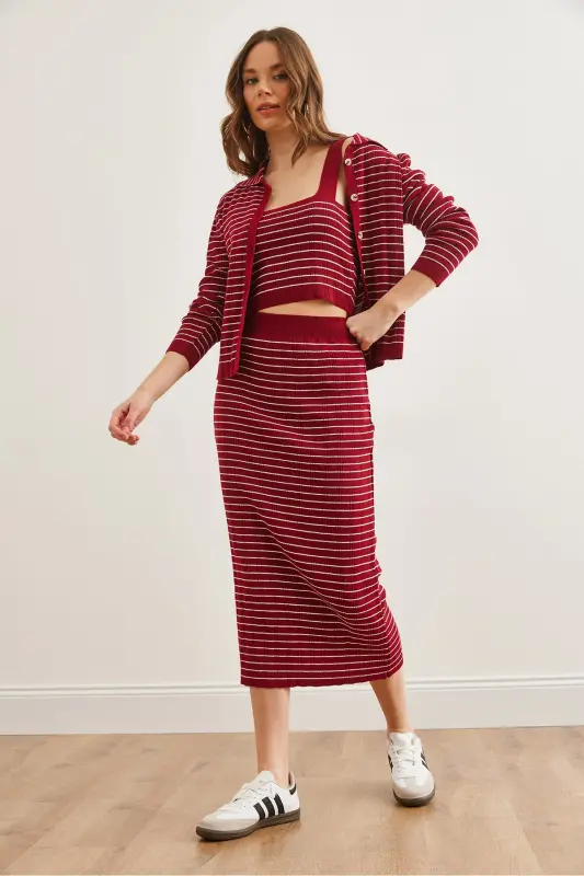 Women's Burgundy 3 Piece Striped Knitted Suit TKM-19000322-Burgundy - 5