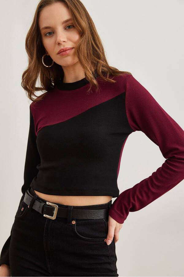 Women's Burgundy and Black Asymmetrical Block Soft Touch Stretch Blouse BLZ-19002797 - 1