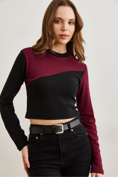 Women's Burgundy and Black Asymmetrical Block Soft Touch Stretch Blouse BLZ-19002797 - 3