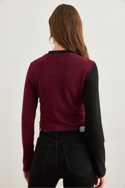 Women's Burgundy and Black Asymmetrical Block Soft Touch Stretch Blouse BLZ-19002797 - 6