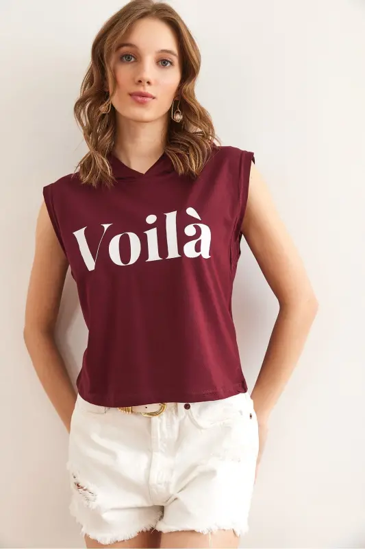 Women's Burgundy Armpit Detailed Hooded Cotton Tee - 1