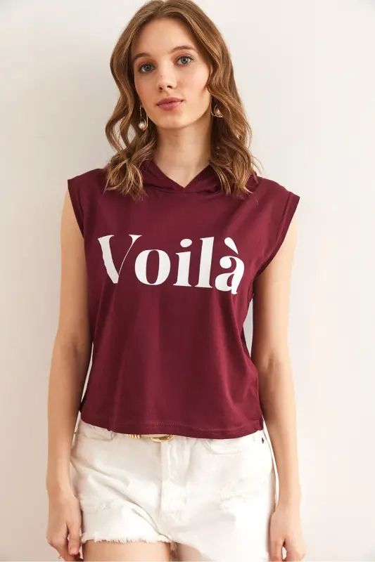 Women's Burgundy Armpit Detailed Hooded Cotton Tee - 2