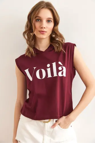 Women's Burgundy Armpit Detailed Hooded Cotton Tee - 3