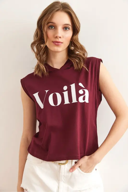 Women's Burgundy Armpit Detailed Hooded Cotton Tee - 3