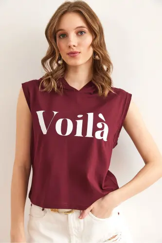 Women's Burgundy Armpit Detailed Hooded Cotton Tee - 4