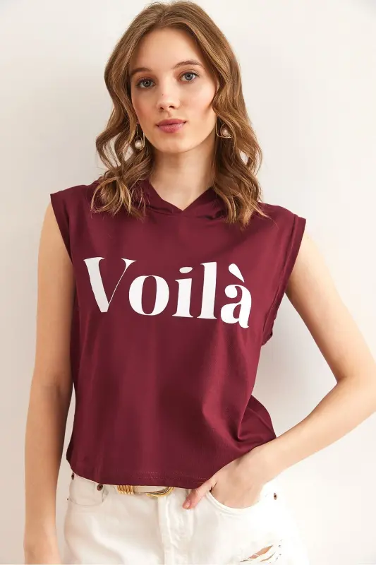 Women's Burgundy Armpit Detailed Hooded Cotton Tee - 4