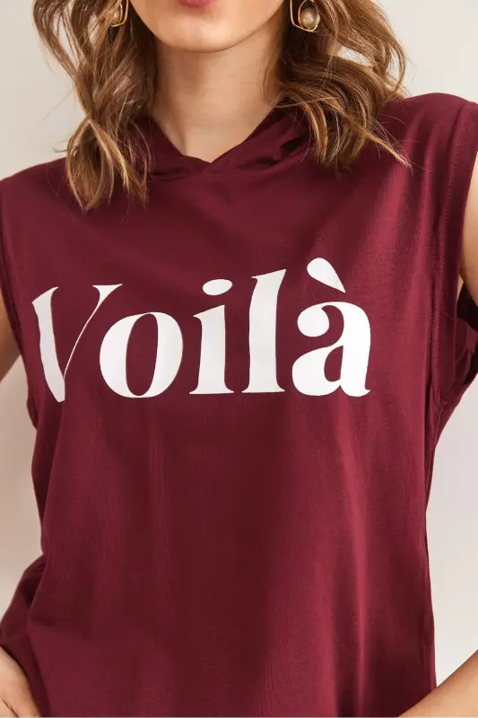 Women's Burgundy Armpit Detailed Hooded Cotton Tee - 5