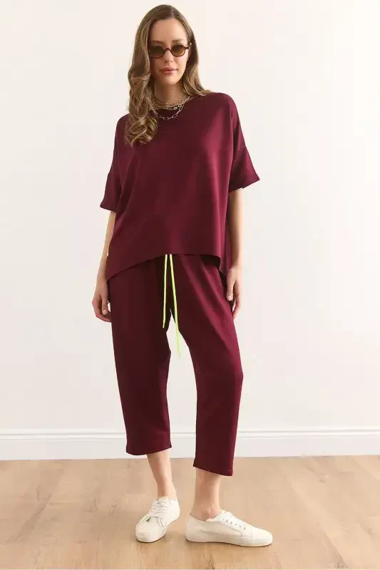 Women's Burgundy Asymmetric Blouse Soft Touch Bottom Top Set - 1