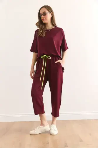 Women's Burgundy Asymmetric Blouse Soft Touch Bottom Top Set - 2