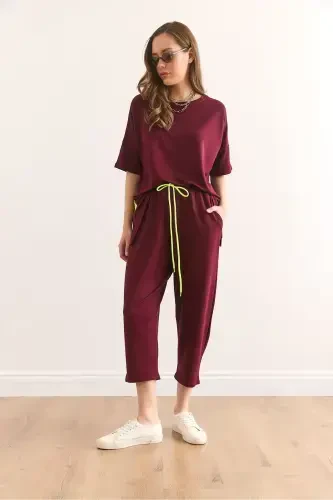 Women's Burgundy Asymmetric Blouse Soft Touch Bottom Top Set - 3