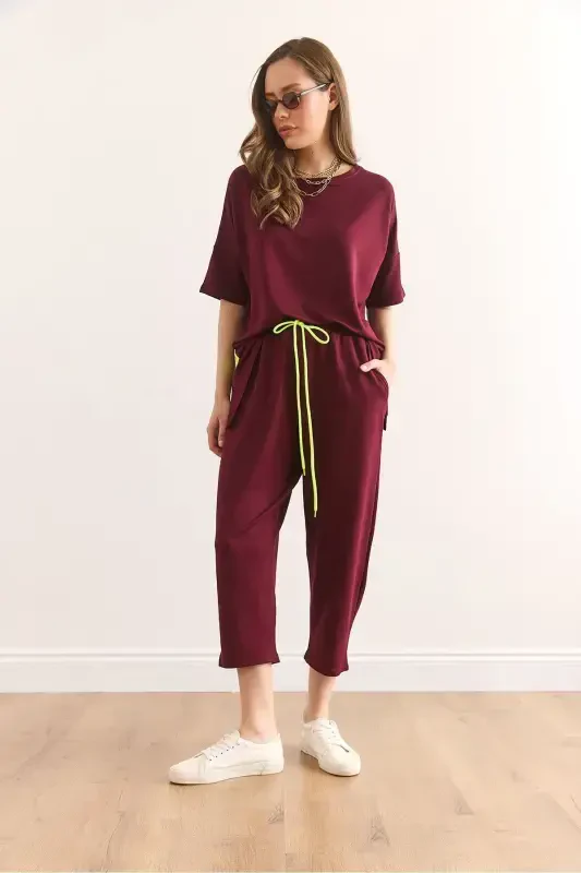 Women's Burgundy Asymmetric Blouse Soft Touch Bottom Top Set - 3
