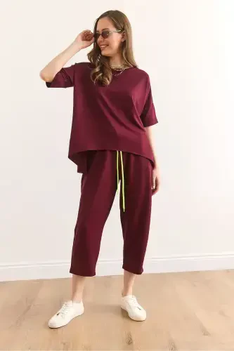 Women's Burgundy Asymmetric Blouse Soft Touch Bottom Top Set - 6