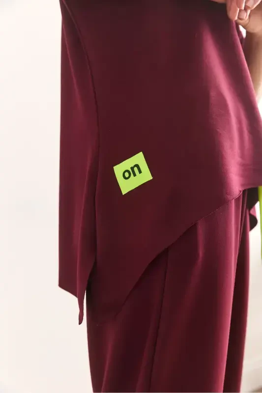 Women's Burgundy Asymmetric Blouse Soft Touch Bottom Top Set - 7