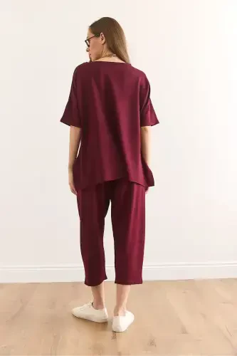 Women's Burgundy Asymmetric Blouse Soft Touch Bottom Top Set - 8