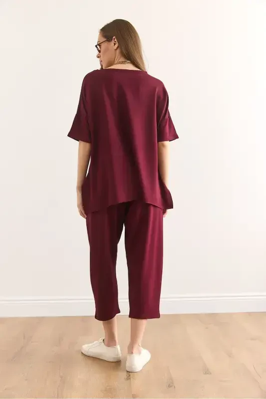 Women's Burgundy Asymmetric Blouse Soft Touch Bottom Top Set - 8