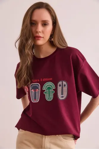 Women's Burgundy Aztec Figured Relaxed Fit 2 Rope T-shirt 