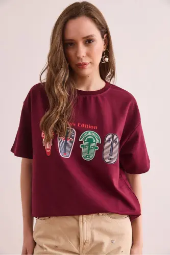 Women's Burgundy Aztec Figured Relaxed Fit 2 Rope T-shirt - 3