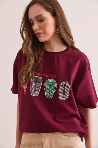 Women's Burgundy Aztec Figured Relaxed Fit 2 Rope T-shirt - 4