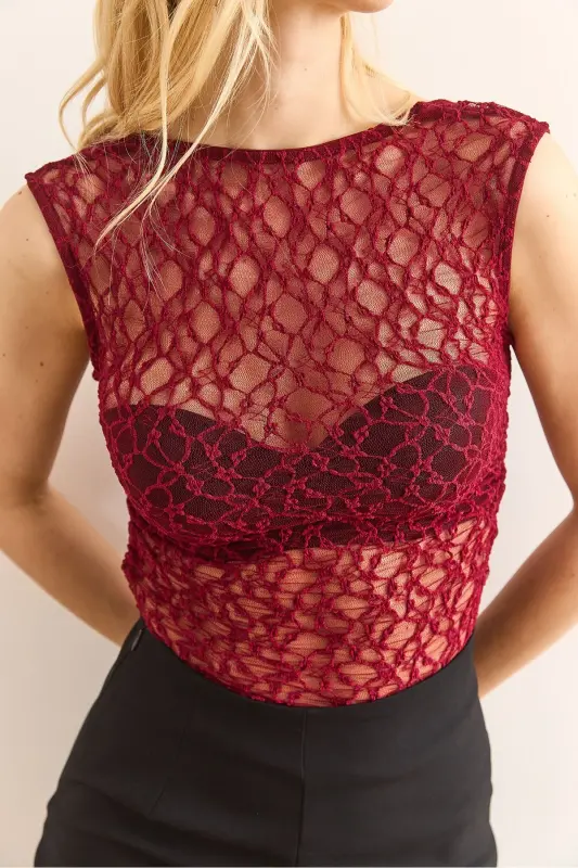 Women's Burgundy Back-Cutout Side-Ruched Lace Blouse - 5