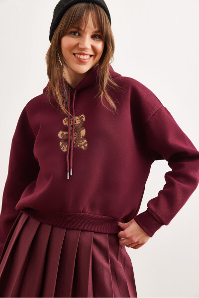 Women's Burgundy Bear Appliqued Thistle Hooded Sweatshirt SWT-19000712 