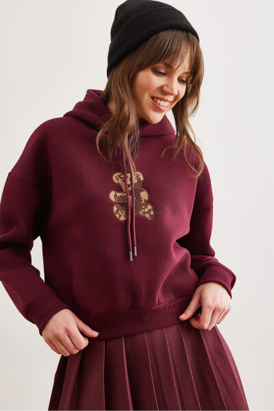 Women's Burgundy Bear Appliqued Thistle Hooded Sweatshirt SWT-19000712 - 4