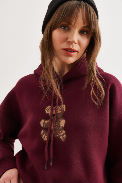 Women's Burgundy Bear Appliqued Thistle Hooded Sweatshirt SWT-19000712 - 6