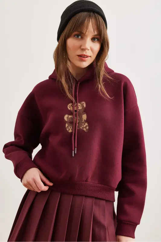 Women's Burgundy Bear Appliqued Thistle Hooded Sweatshirt SWT-19000712 - 4