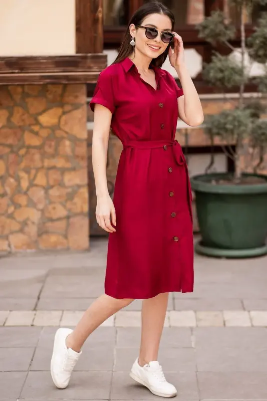 Women's Burgundy Belted Short Sleeve Shirt Dress ARM-19Y001068 - 2