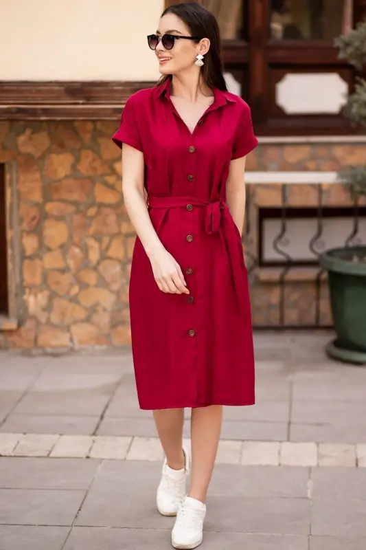 Women's Burgundy Belted Short Sleeve Shirt Dress ARM-19Y001068 - 3
