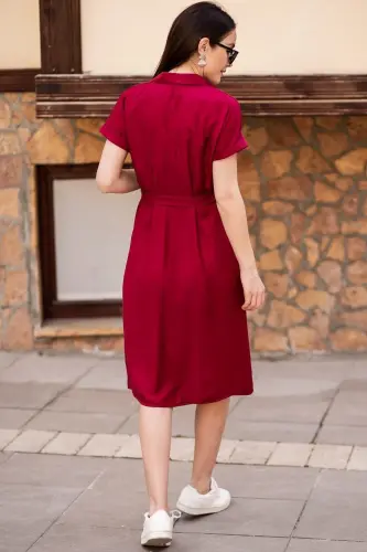 Women's Burgundy Belted Short Sleeve Shirt Dress ARM-19Y001068 - 4