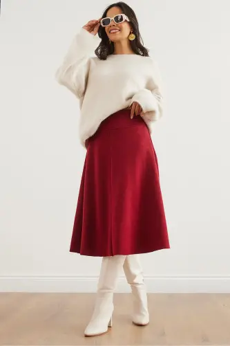 Women's Burgundy Belted Thessaloniki Flared Skirt ETK-19000 