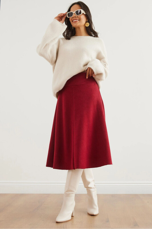 Women's Burgundy Belted Thessaloniki Flared Skirt ETK-19000 - 1